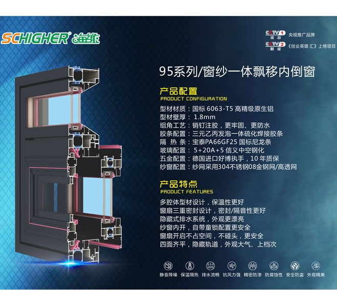 95系列/窗紗一體飄移內倒窗